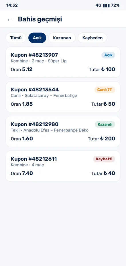 1xBet Android uygulamasında bahis geçmişi ekranı ve kupon filtreleri